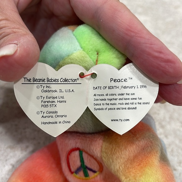 VINTAGE TY BEANIE BABY “PEACE” TYE-DYE BEAR 2/1996 HARD TO FIND BEANIE WITH TAGS - Picture 5 of 8